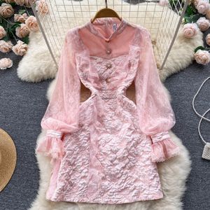 Spring Summer Sweet Hollow Out Lace Pink Dress Women O-Neck Flare Sleeve Ruffles Emboridery Jacquard Dress 2022