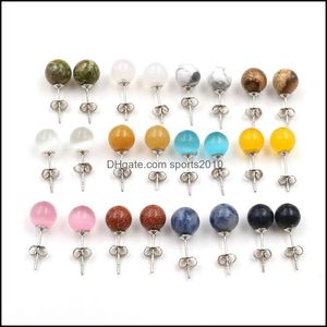 Arts And Crafts 8Mm 10Mm Natural Stone Stud Stainless Steel White Green Turquoise Opal Pink Rose Quartz Amethyst Crystal St Sports2010 Dht9K