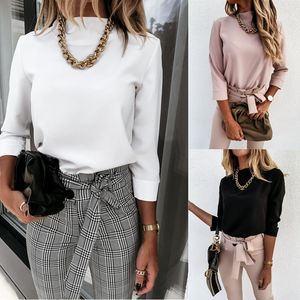 Women Fall T Shirts Elegant Fashion Long Sleeve Stand Collar Top Solid Color Clothes For Ladies