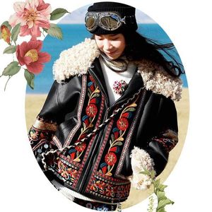 Boho Inspired Lamb Hair floral Embroidered Suede Jacket for women long sleeve boho women jacket coat winter coat warm 201023