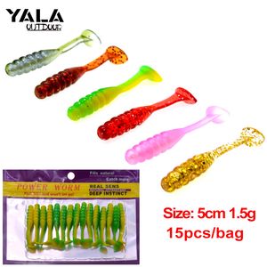 15pcs/lot balıkçılık cazibesi vida t kuyruk grubu çift renkli balık yumuşak yem güç yem yapay solucan lures 5cm 1.5g 6 renk