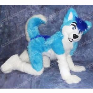 Performance Blue Long Hair Husky Fox Dog Mascot Costume Halloween Christmas Fancy Party Dress Personaggio dei cartoni animati Outfit Suit Carnival Unisex Adults Outfit