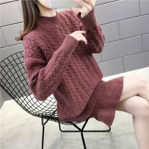 Women's Autumn Winter New Twist Woven Knit Sweater Set Loose Oneck Long Sweater Ruffled Knit Mini Skirt Twopiece ML240 201102
