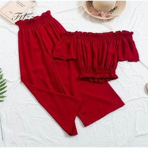 Praia Duas peças roupas roupas mulheres sexy slash pescop top wiht calças soltas ternos de verão mulher 2 pcs conjunto feminino 210302