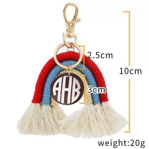 2022 Vävning Rainbow Wood Keychains For Women Boho Handmade nyckelhållare Keyring Macrame Bag Charm Car Hanging Jewelry