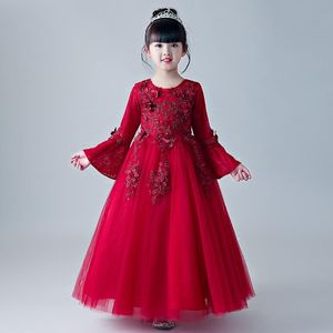 Abiti da ragazza 2022 Appliques in tulle rosso Flower Girl Dress for Wedding Long Kid Kid Summer Gown Party First Communione