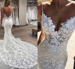 Applique Gorgeous Lace Wedding Dresses Bridal Gown Mermaid Sheath Spaghetti Straps Custom Made Tulle Sweep Train Beach Vestidos De Novia