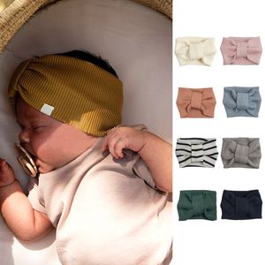 Baby pannband flickor bowknot grop randig hårband barn bomulls fast vid kanthuvud wraps elastiska huvudbonad barn hår tillbehör boutique turban pannband b8153