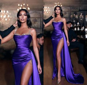 New Purple Satin Mermaid Long Evening Dresses 2022 Spaghetti Straps Beaded High Split Beaded Sweep Train Formal Party Prom Gowns