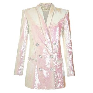 Nyaste modebanan av hög kvalitet 2020 Designer Blazer Women s Double Breasted Shawl Collar Shimmer Sequined Long Blazer Jacket LJ201021