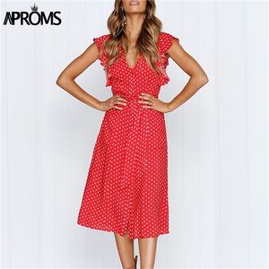 Aproms Boho Polka Dot Print Kleid Frauen Casual Ärmelloses V-ausschnitt Rot Sommerkleid Midi Kleid weibliche Strand A linie Kleid vestidos LJ200810