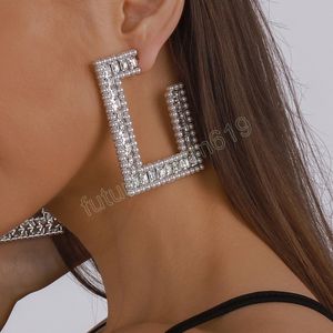 Exaggerated Fashion Rhinestone Big Hoop Earrings for Women Wedding Bridal Punk Large Square Pearl Earrings Dinner Party Jewelry