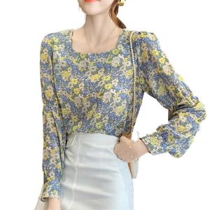 Mode koreansk stil kvinnors chiffon blusar härlig flickas blommor tröjor vår sommarlång ärm toppar blus mujer 210702
