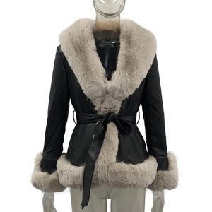 Women Fashion Tie Belt High Waist Short Coats Winter PU Leather Jackets Female Lady Elegant Side Pockets Warm Faux Fur Jackets For Mother's Days Gift