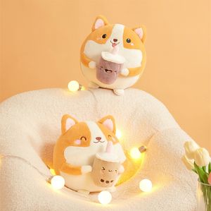 30cm kawaii shiba inu segurando leite chá de pelúcia brinquedo macio de desenho animado para cães de cachorro travesseiro de travesseiro de dormir boneca de garotas dos namorados