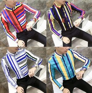 Camisas casuais masculinas chegam roupas masculinas personalidade masculina vertical transversal listrado com mangas compridas Man Nightclub Dress Tops