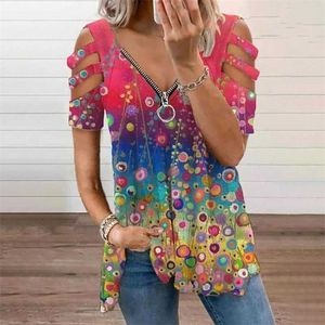 Летняя женщина мода повседневная футболка летние топы Toe Tops v Neck Hollow Out Дизайн молнии на молнии плюс размеры цветочная рубашка 210716