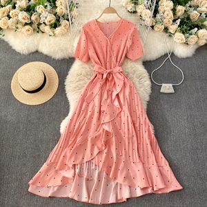 Women Polka Dot Ruffle Dress Summer V Neck Short Sleeve Sashes A Line Dresses Korean Casual Vacation Irregular Dress