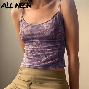 Allneon Vintage 2000s Flollal Pattern Purple Crop Tops Y2K Aesthetics Summer Spageti Straped Backless Mesh Cami Cute Seveless 220607