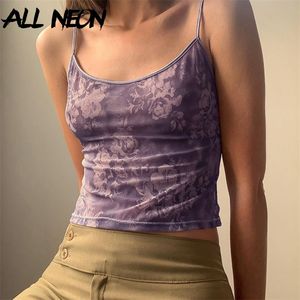 Allneon Vintage 2000 -х годов цветочный рисунок Purple Crop Tops y2k Эстетика летние спагетти сетки без спинки сетка Cami Cami Mite без рукавов 220607