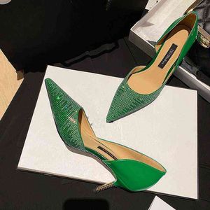 Mulheres bombas de 7 cm sapatos de festa patentear salto alto salto verde elegante mola de pé pontiagudo de dedo do pé no 220520