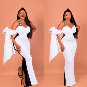 White Black Satin Mermaid Prom Dresses Aso Ebi Arabiska spaghettirempärl Afrikanska afrikanska aftonklänningar plus storlek