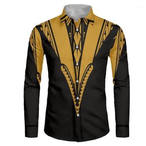 Men's Dress Shirts HYCOOL Tattoos Print Yellow Tribal Long Sleeve Shirt Men Polynesian Plus Size Wedding Formal Collared 2022