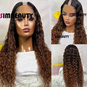 Основные блокноты U Part Wigs средний открытый Ombre Bouncy Curly 100% человеческий парик для волос перуанский кудри V Форма полная машина