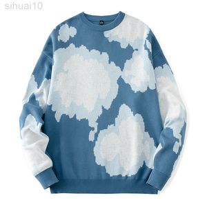 Mens Casual Sweaters Cartoon Cloud Pattern Round Neck Long Sleeve Men Autumn Winter Sweaters Loose Cartoon Sweater Pair Tops L220801