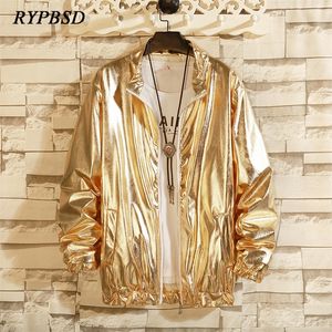 Mens Windbreaker Jackets Nightclub Stage Singer Costume Streetwear Harajuku Hip Hop Jacket Gold Silver Fashion Autumn Men Solid 220812