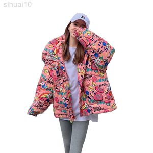 Winter Floral Down Cotton Coat Women New White Black Pink Fat MM Loose Parkas Fashion Hooded Short Tops Cotton Jacket L220730