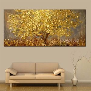 Faca pintada à mão Golden Treescape Yelding Painting On Canvas AbstractScener Pictures Wall Art Street Paintings T200118