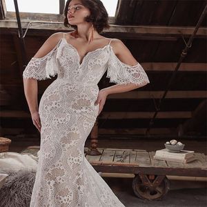 Şık boho dantel gelinlik 2022 spagetti kayışları denizkızı sırtsız bohem ülke gelin elbiseleri vestido novia robe de mariage vintage kadın bahçe gelin