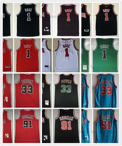 Retro Mitchell Ness Jersey Basketbol 1 Derrick 33 Scottie Rose 91 Dennis Pippen Rodman ED Beyaz boş mavi kırmızı 95-96 97-98 08-09