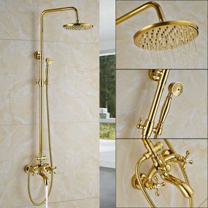 Gold Bathtub Rainfall Brass 8 " Shower Head Shower Bath Mixer Tap Dual Handle Shower Mixer Brass Handshower