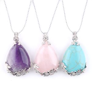 WOJIAER Männer Frau Schmuck Reiki Chakra Anhänger Halskette Natürlichen Tigerauge Opal Stein Teardrop Floral Silber Farbe Perle BN350