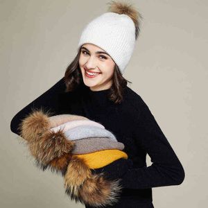 Fishrover 8 Rabbit Cashmere Woman Winter Hat With Bead Autumn Hats With Pompom Cashmere Woman Warm Wool Skullies Wholesale J220722
