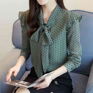 Korean Chiffon Women Blouses Woman Polka Dot Shirts Ruffles Tops Plus Size Print Shirt Bow Tie Top XXL 210427