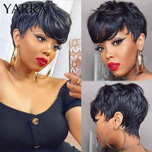 Pixie Cut Human Hair شعر مستعار مع الانفجارات Brizilian Short Straight Bob Color Color Machine لم يصنع أي دانتيل للنساء السود 220609