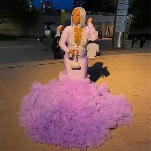 Скромные фиолетовые оборками Botton Prom Transples Shower шеи русалка вечерние платья кружевные аппликации с длинным рукавом Нигерия Vestidos de Gala BES121