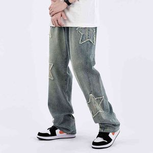 Harajuku Sterne Embrodiery Distressed Retro Casual Denim Hosen Gerade Lose Taschen Streetwear Übergroßen Jeans Hosen T220803