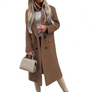 Ele-choices Women Autumn&Winter Oversize Coat Female Solid Color Double Breasted Jacket Lady Warm Suit Collar Long Coat for Dail T220714