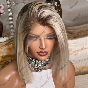 Naturalna linia włosów ombre blondynka bob Indian remy hair 13x6 przezroczystą koronkową przednią perukę dla kobiet jedwabiste proste koronki bobowe peruki czołowe