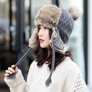 Berets Thick Warm Knitted Hat Earflap Cap Women Winter Beanie Female Skullies Beanies Fur Trapper Ski Russian HatBerets