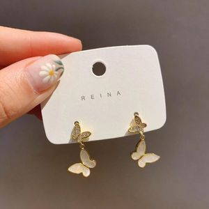 Dangle & Chandelier Korea Selling Fashion Jewelry Double Butterfly Shell Copper Inlaid Zircon Earrings Elegant Female EarringsDangle