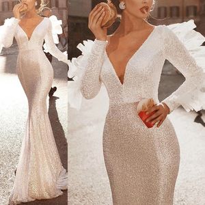Glitter White Mermaid Wedding Dress For Women 2022 Chic Sparkly Sequined Long Sleeves Deep V-Neck Wedding Gowns Bridal Dresses