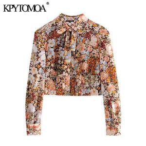 kpytomoaの女性ファッション弓を結び付けた花柄のプリントクロップドブラウスビンテージ長袖ボタンアップ女性シャツシックトップ210401