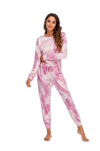 Pijama de manga comprida para mulheres soltas tinge-tintura tops e calças 2 peças definir sleepwears