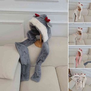 Newly Cartoon Deer Antler Plush Hooded Scarf in Multi Functional Design with Hand Pockets Winter Warm Hat Scarf Gloves T220805