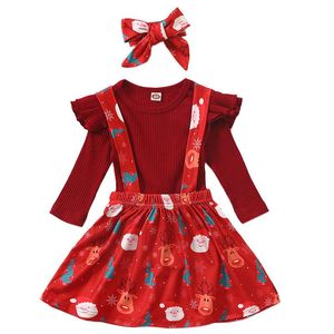 Conjuntos de roupas 3 pcs meninas bebê christmas strap vestido vermelho poço de malha t-shirt de plissado + santa claus macacão roupas para pouco 9m 12m